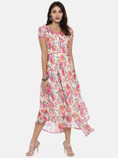 Souchii Off-White & Pink Floral Printed A-Line Dress