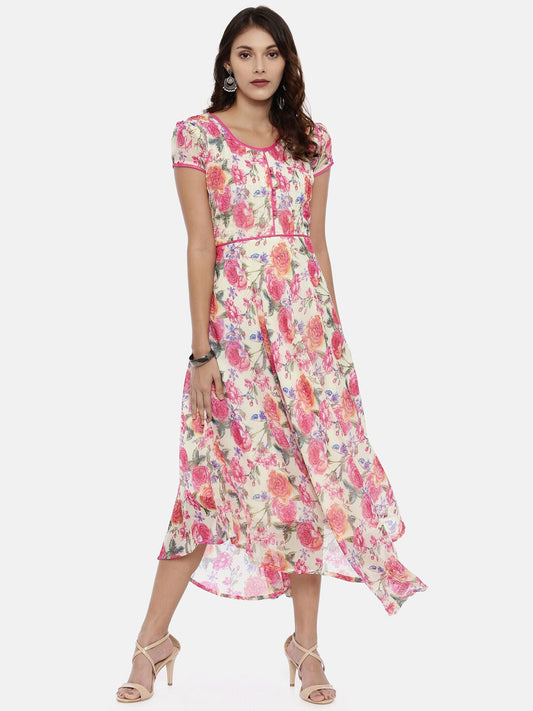 Souchii Off-White & Pink Floral Printed A-Line Dress