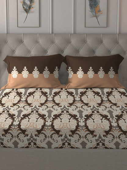 MYTRIDENT Brown White Ethnic Motifs Cotton 144 TC Queen Bedsheet With 2 Pillow Covers