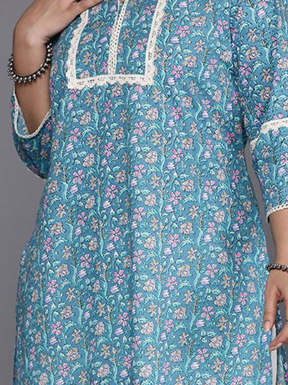 Sztori Plus Size Floral Printed Notch Neck Cotton Straight Kurta