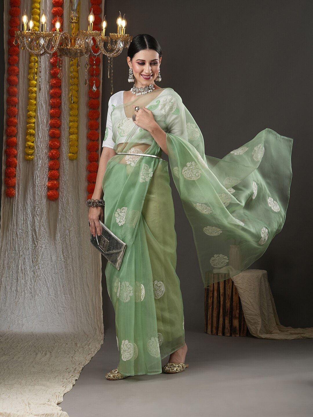 Saree Mall Olive Green & White Paisley Embroidered Organza Banarasi Sarees