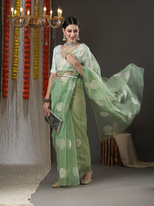 Saree Mall Olive Green & White Paisley Embroidered Organza Banarasi Sarees