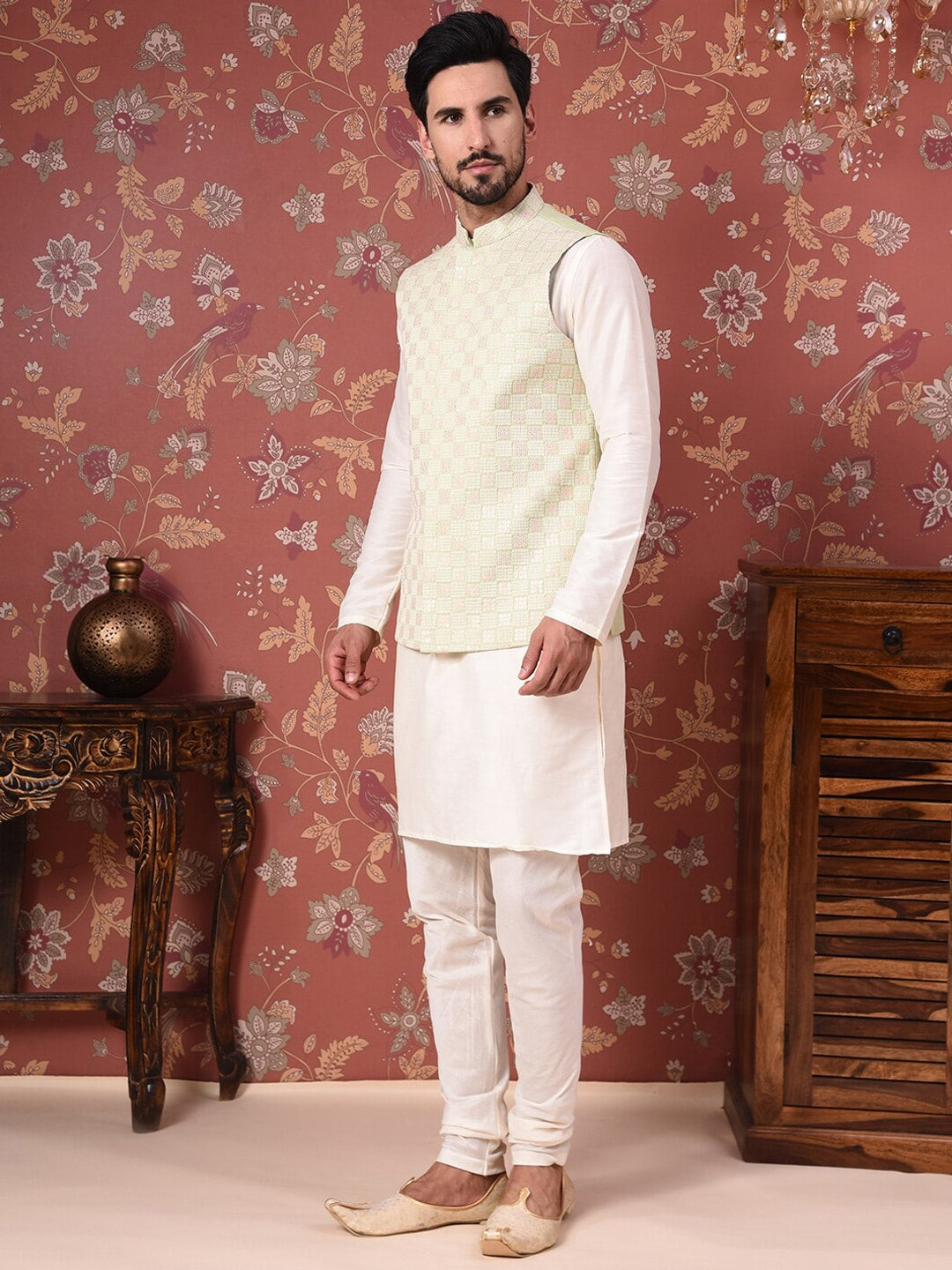 House of Pataudi Straight Kurta With Churidar & Embroidered Nehru Jacket