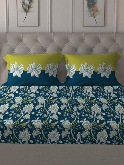MYTRIDENT Blue White Floral Cotton 144 TC Queen Bedsheet With 2 Pillow Covers