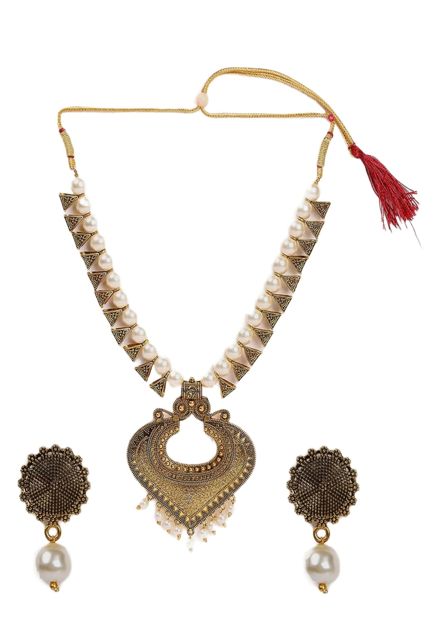 Mominos Fashion Joharkamal Oxidised Gold-Polished Pearls Work Long Necklace Handicraft For Women & Girls