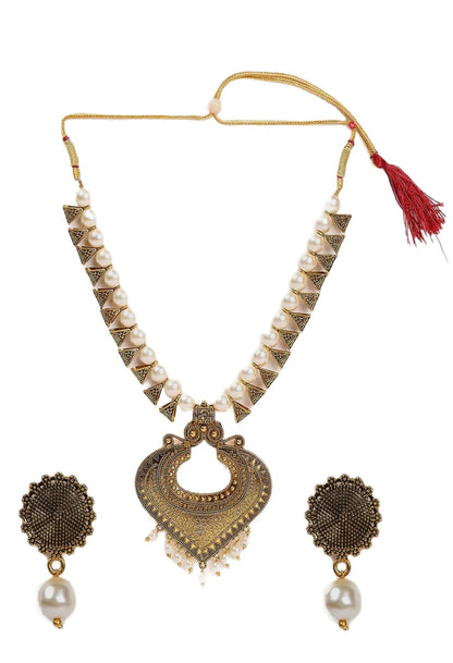 Mominos Fashion Joharkamal Oxidised Gold-Polished Pearls Work Long Necklace Handicraft For Women & Girls