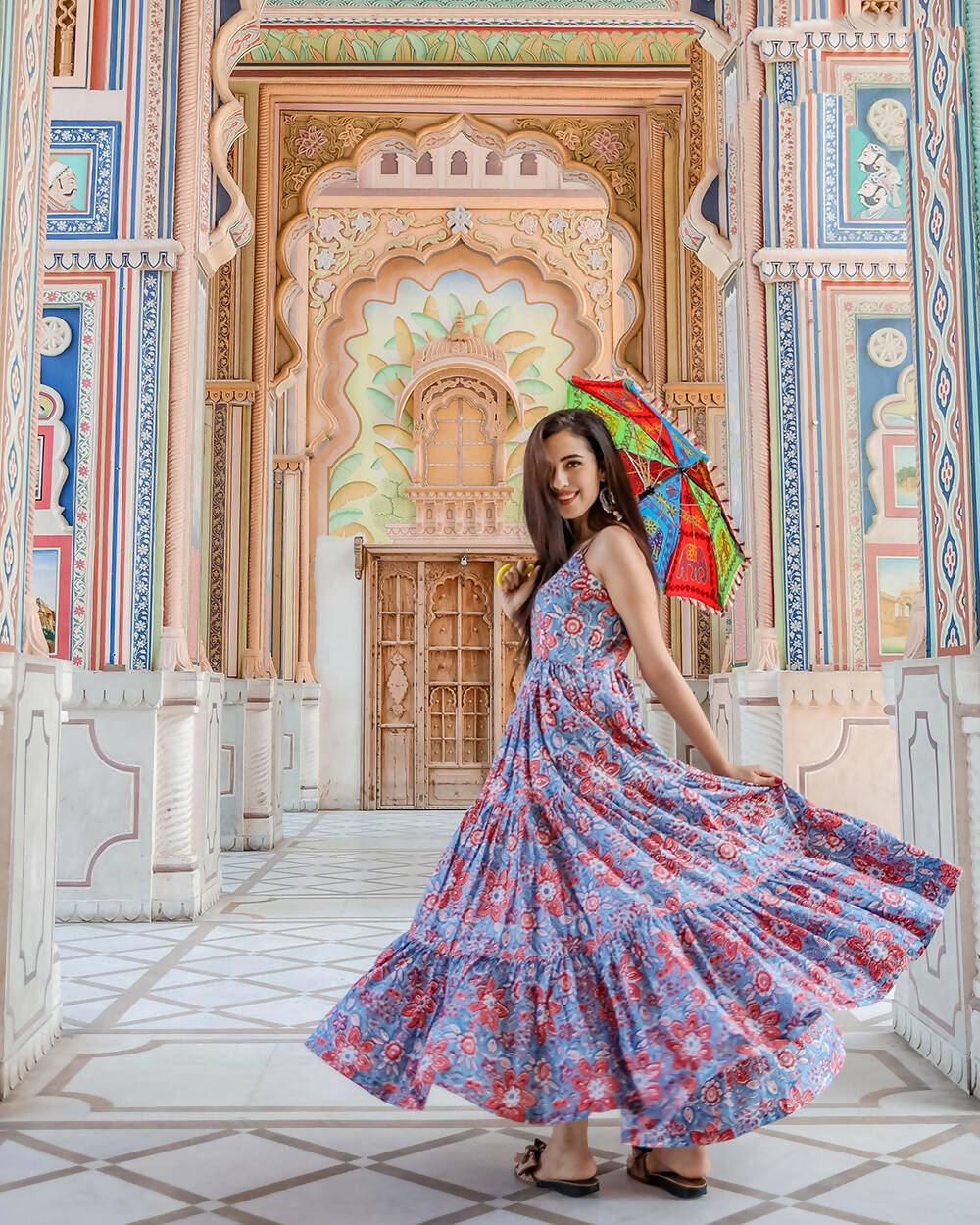 Designer Partywear Printed Blue Pure Maslin Gown - Anbazaar