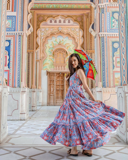 Designer Partywear Printed Blue Pure Maslin Gown - Anbazaar