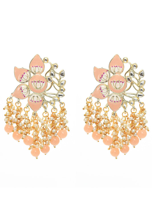 Mominos Fashion Johar Kamal Gold-Polished Kundan Peach Meenakari Earrings