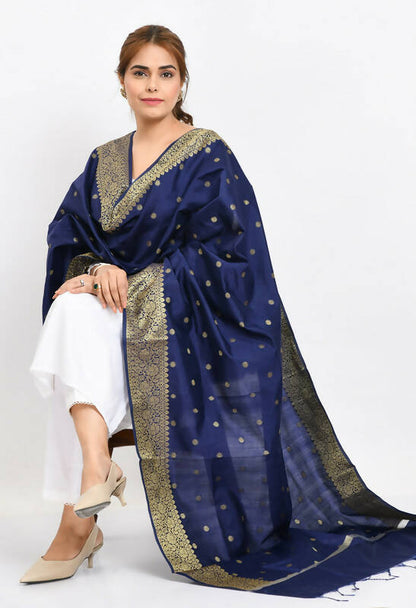 Mominos Fashion Moeza Women's Banarsi Silk Woven Design Navy Blue Dupatta