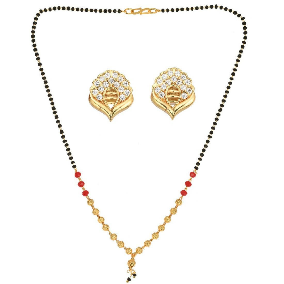 AanyaCentric Gold-Polished Short Mangalsutra Set with Earrings