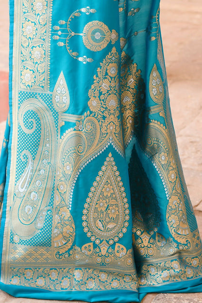 Joban Fashion Blue Banarasi Soft Pure Handloom Banarasi Silk Saree