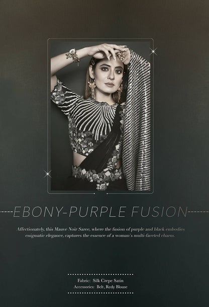 Black Silk Crepe Satin Cord Sequence & Thread Embroidered & Stone Work Saree - Moh-Manthan Royal Enigma