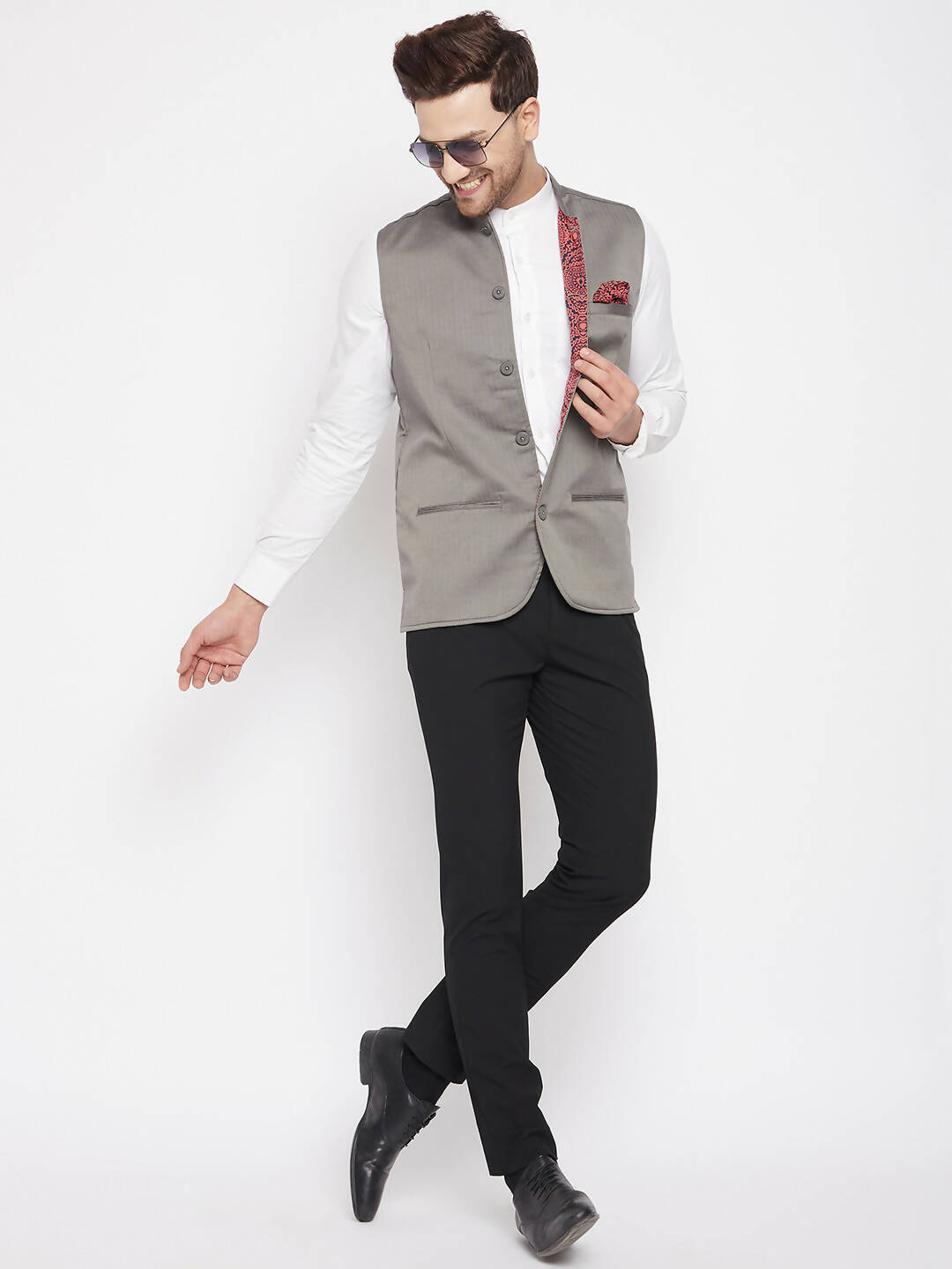 Even Apparels Grey Polyester Men's Nehru Jacket-Contrast Lining-Inbuilt Pocket Square