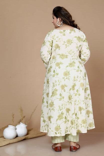 Miravan Women's Plus Size Green Printed Anarkali Kurta With Palazzo And Dupatta