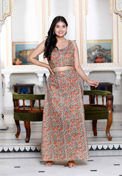 Miravan Women's Brown Floral Printed Crop Top And Skirt Co-Ord Set