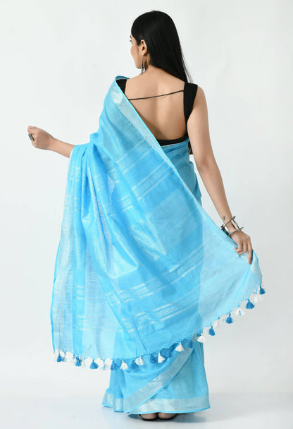 Mominos Fashion Moeza Sky Blue Bhagalpuri Handloom Silk Linen Saree with unstitched Blouse piece