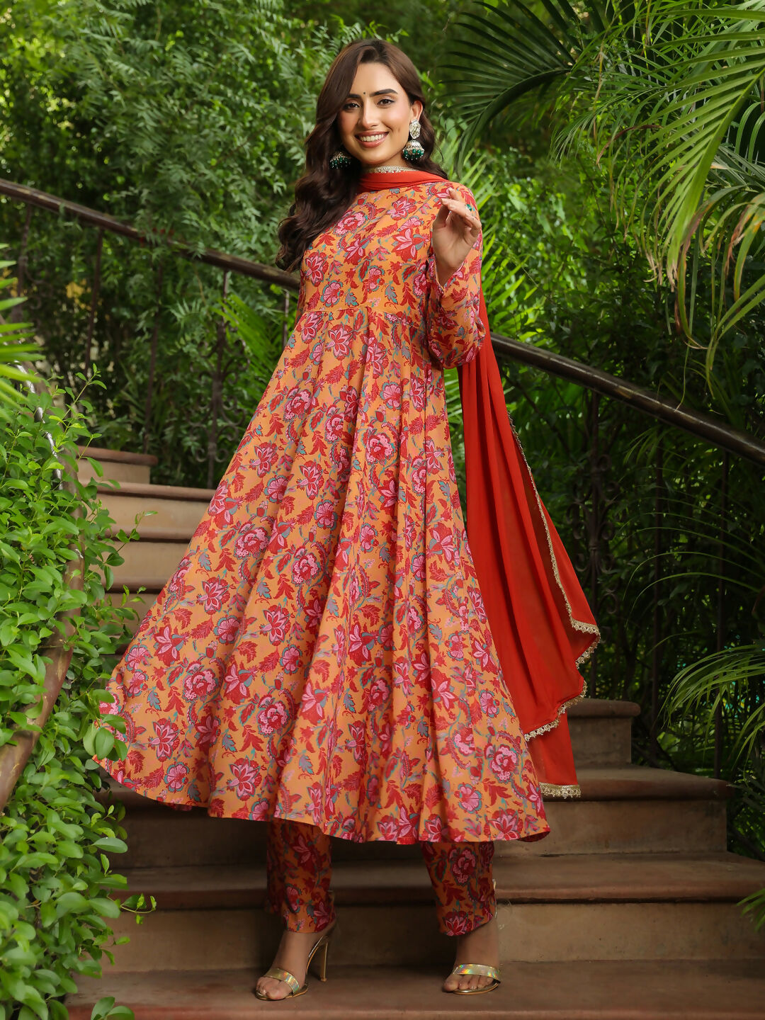 Janasya Mustard Georgette Floral Kurta,Bottom & Dupatta
