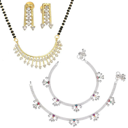 AanyaCentric Gold-Polished Mangalsutra Pendant Earring Set & Silver Plated Anklet