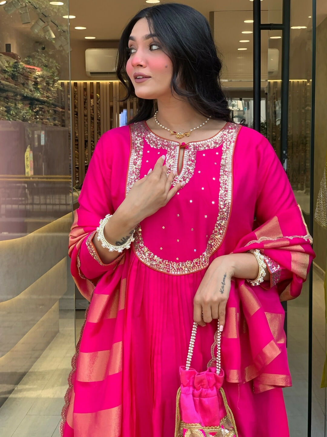 The52 Rani Women's Gorgeous Embroidered Work Chanderi Fabric Flared Kurta Pant and Dupatta Set