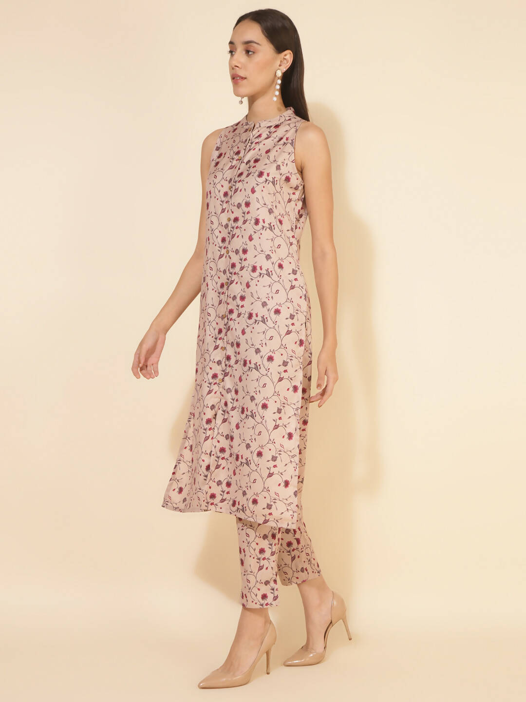 Janasya Women's Beige Moss Digital Floral Printed Casual Straight Co-ords