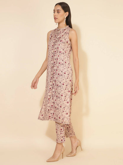 Janasya Women's Beige Moss Digital Floral Printed Casual Straight Co-ords
