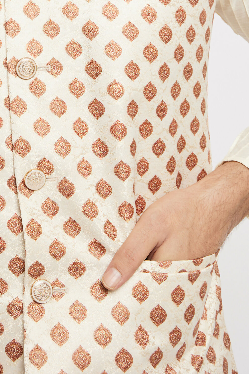 Ethnic India Cream Bundi Men's Jacket Geometric Polyester