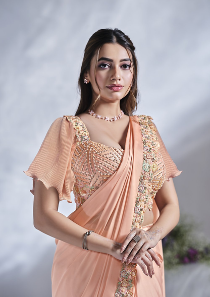 Peach Crepe Satin Silk Designer Ready to wear saree with stithced Blouse - Mohmanthan Aura