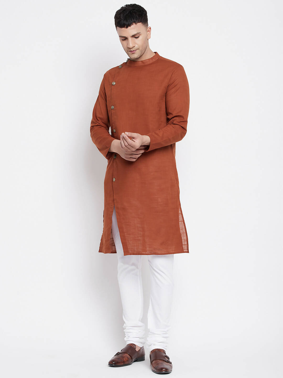 Even Apparels Brown Pure Cotton Men's Sherwani Kurta With Asymetrical Cut