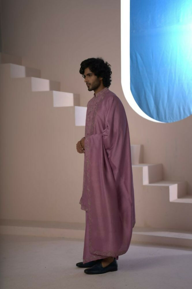 Majestic Orchid Falling Raw Silk Sherwani Set With Intricate Embroidery And Draped Dupatta by Hilo Design