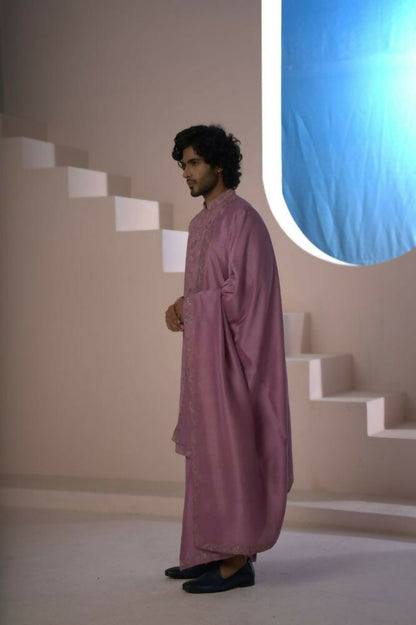 Majestic Orchid Falling Raw Silk Sherwani Set With Intricate Embroidery And Draped Dupatta by Hilo Design