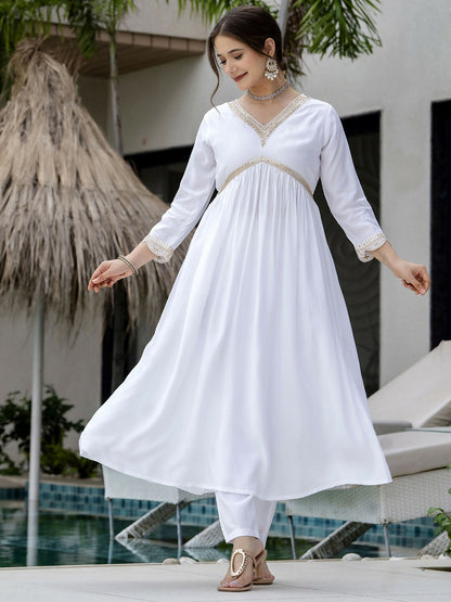 The52 White Women's Gorgeous Embroidered Chanderi Fabric Straight Kurta, Pant and Dupatta Set
