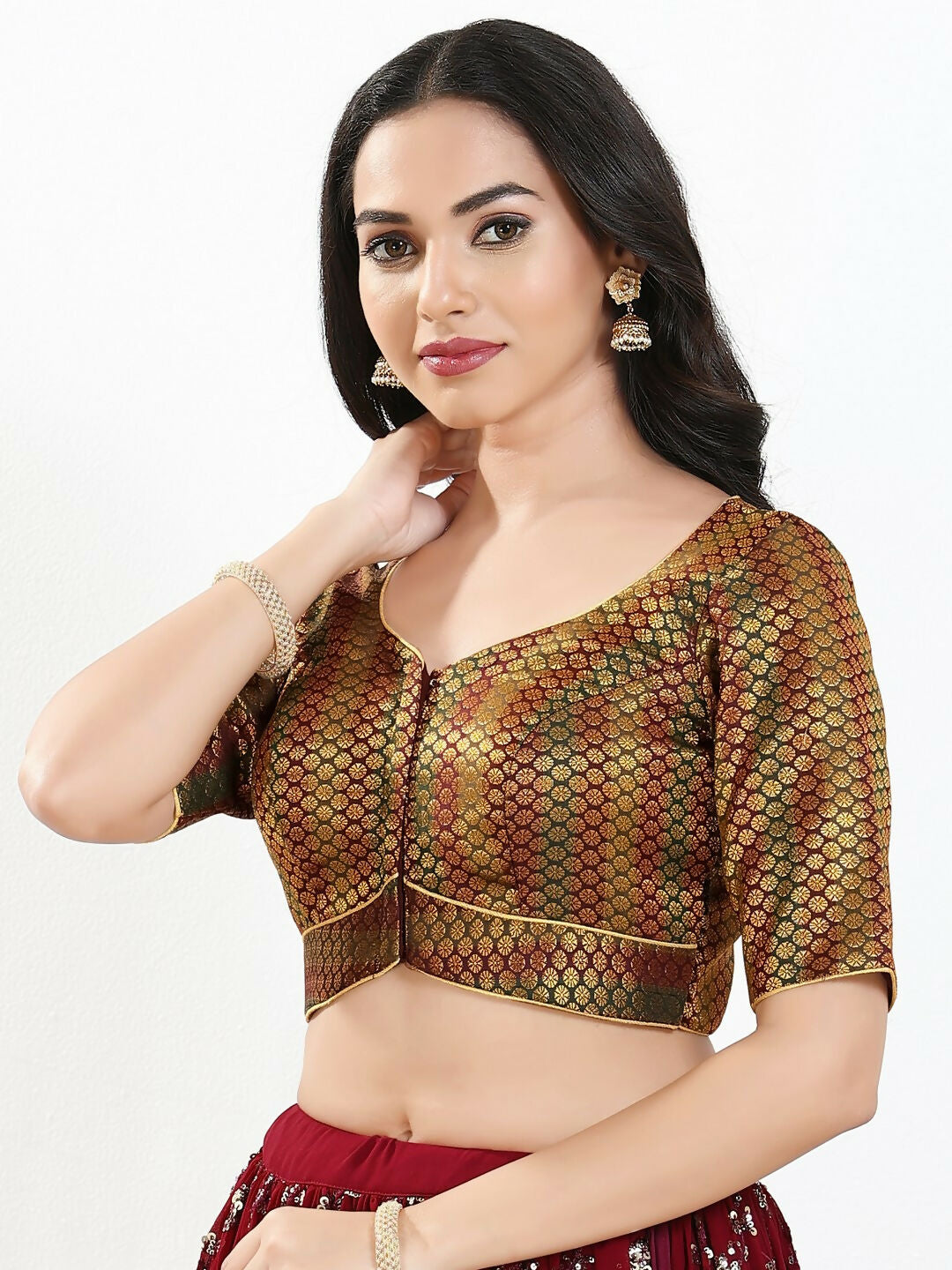 Joban Fashion Dark Maroon Brocade Padded Blouse With Sweetheart Neck Elbow Sleeves