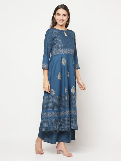 Aniyah Rayon Block Print Blue Anarkali Kurta
