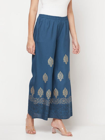 Aniyah Rayon Block Print Flared Slip-on Blue Palazzo