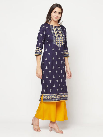 Aniyah Rayon Screen Print Navy Blue Straight Kurta