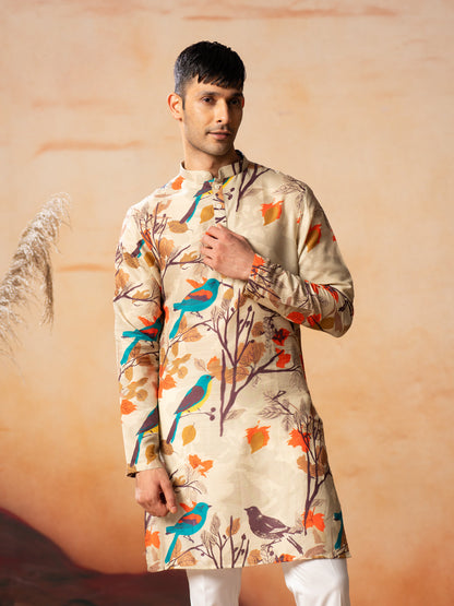 Serenity Bird Themed Print Cotton Kurta by Hilo Design