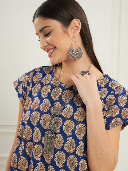 InWeave Women's Ink Blue Small Paisley Kalamkari A Line Dress