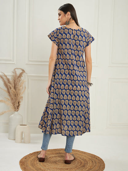 InWeave Women's Ink Blue Small Paisley Kalamkari A Line Dress