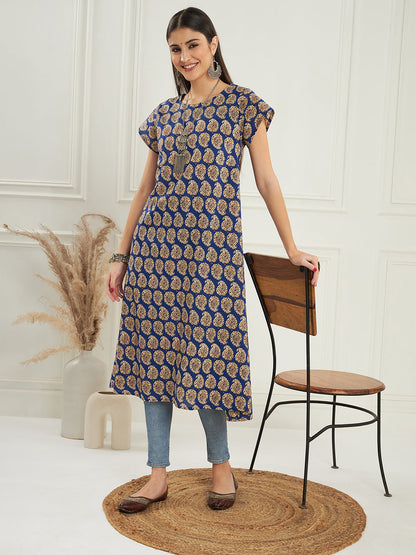 InWeave Women's Ink Blue Small Paisley Kalamkari A Line Dress