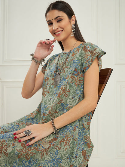 InWeave Women's Dull Green Leaf Floral Print A Line Dress