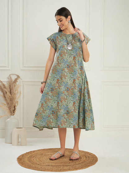 InWeave Women's Dull Green Leaf Floral Print A Line Dress