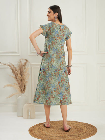 InWeave Women's Dull Green Leaf Floral Print A Line Dress