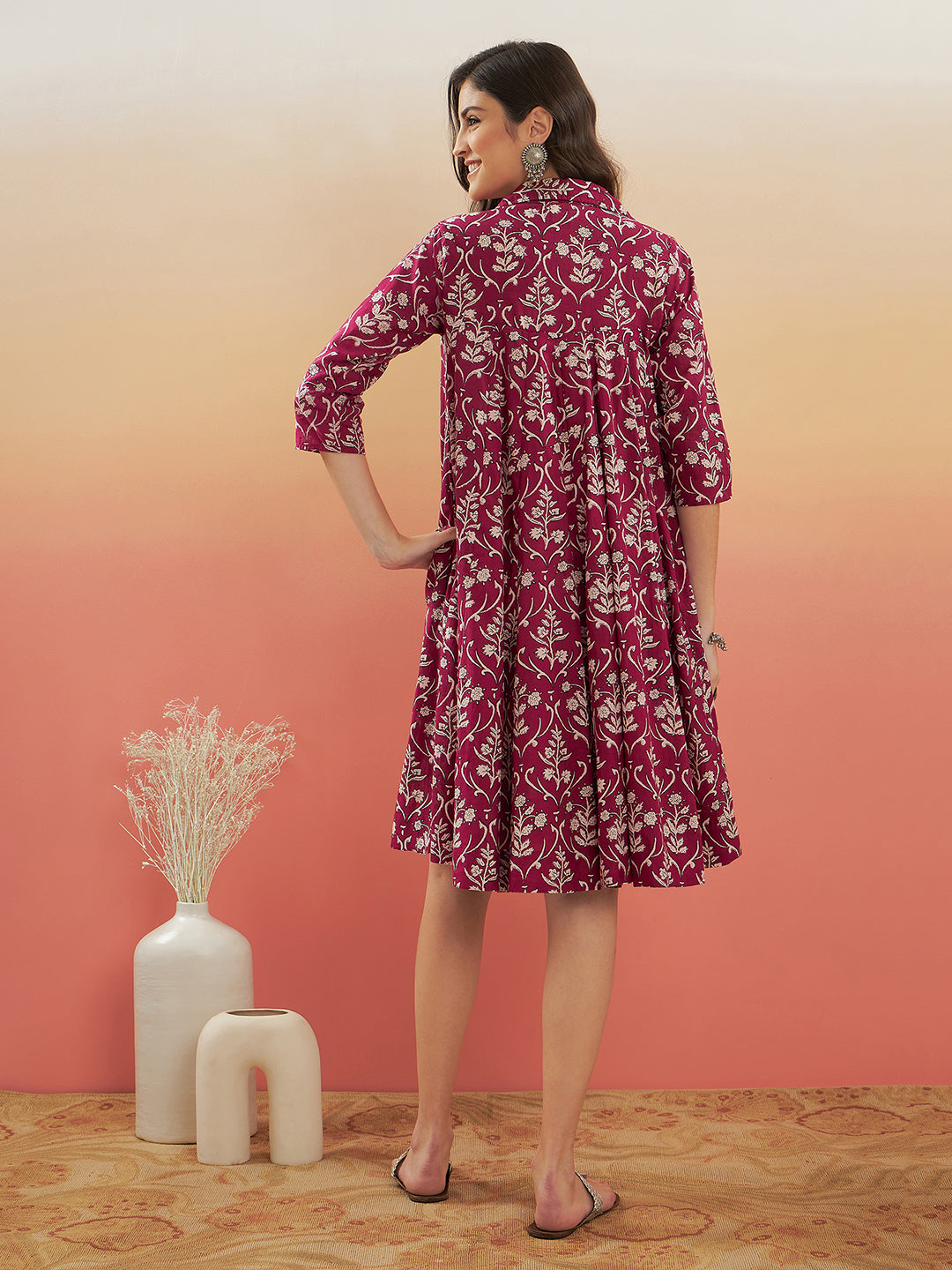 InWeave Women's Wine Cream Floral Print Flared Dress