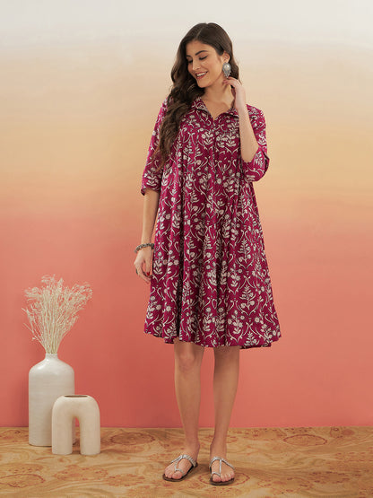 InWeave Women's Wine Cream Floral Print Flared Dress