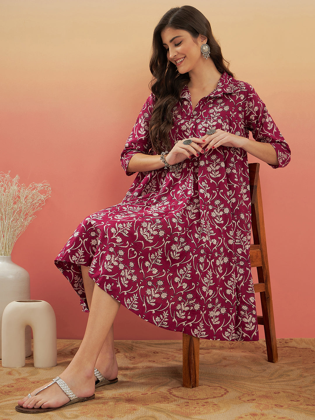 InWeave Women's Wine Cream Floral Print Flared Dress