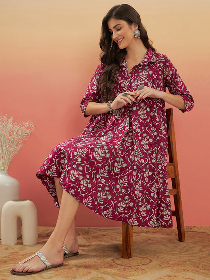 InWeave Women's Wine Cream Floral Print Flared Dress