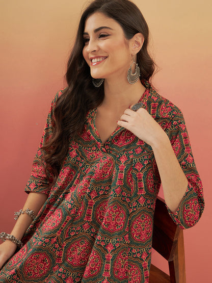 InWeave Women's Green Red Mughal Kalamkari Flared Dress