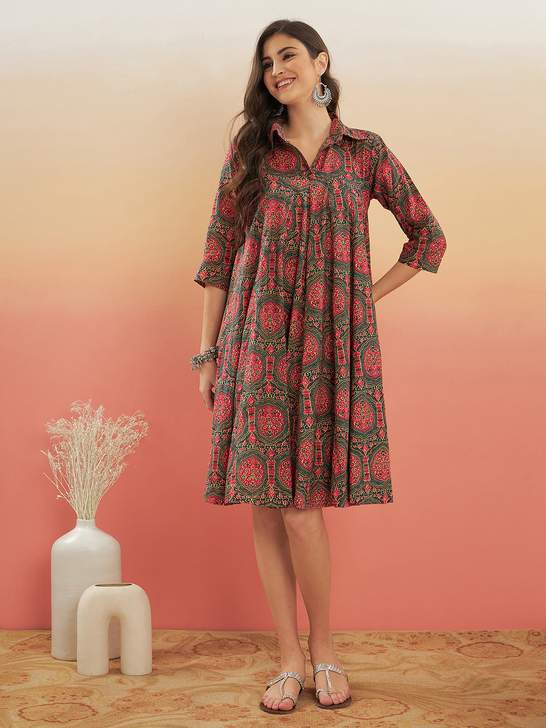 InWeave Women's Green Red Mughal Kalamkari Flared Dress
