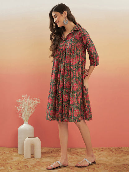 InWeave Women's Green Red Mughal Kalamkari Flared Dress